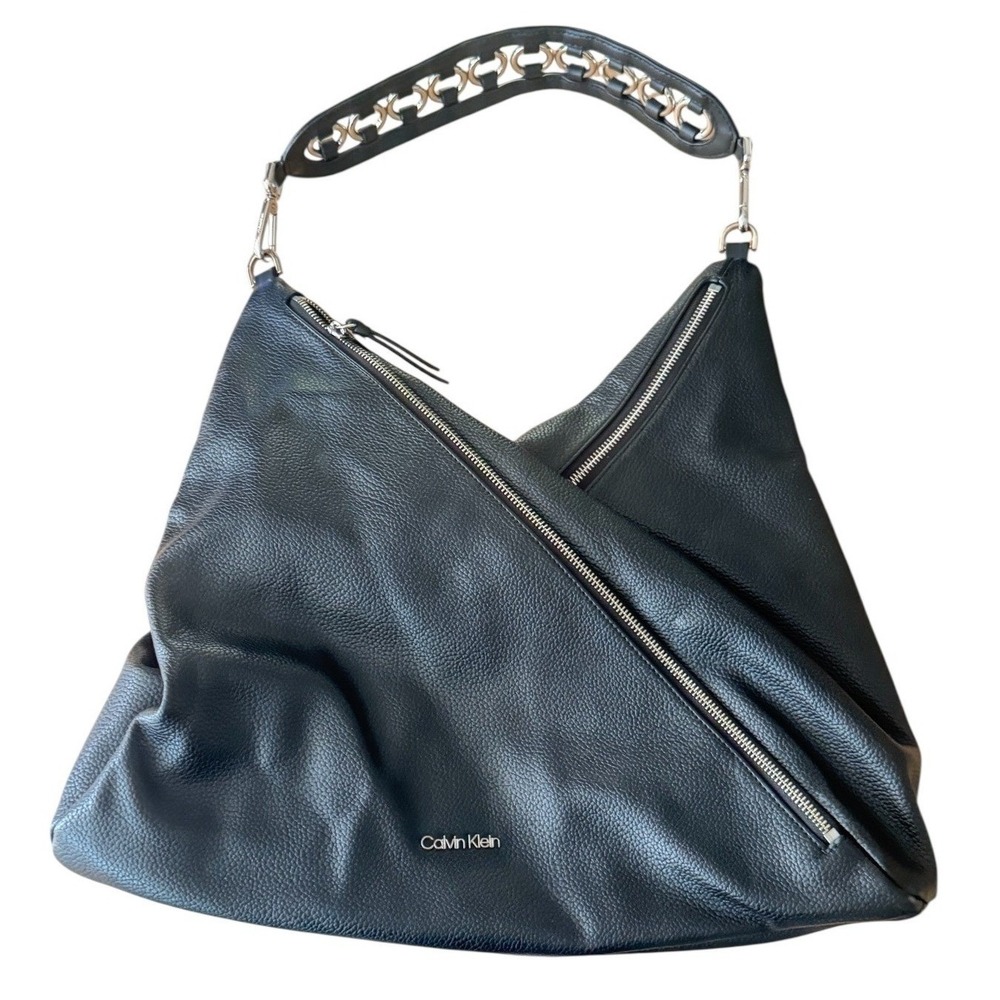 Calvin Klein Black Pebbled Faux Leather Asymmetrical Zip Hobo Bag Boho vegan - Picture 8 of 12